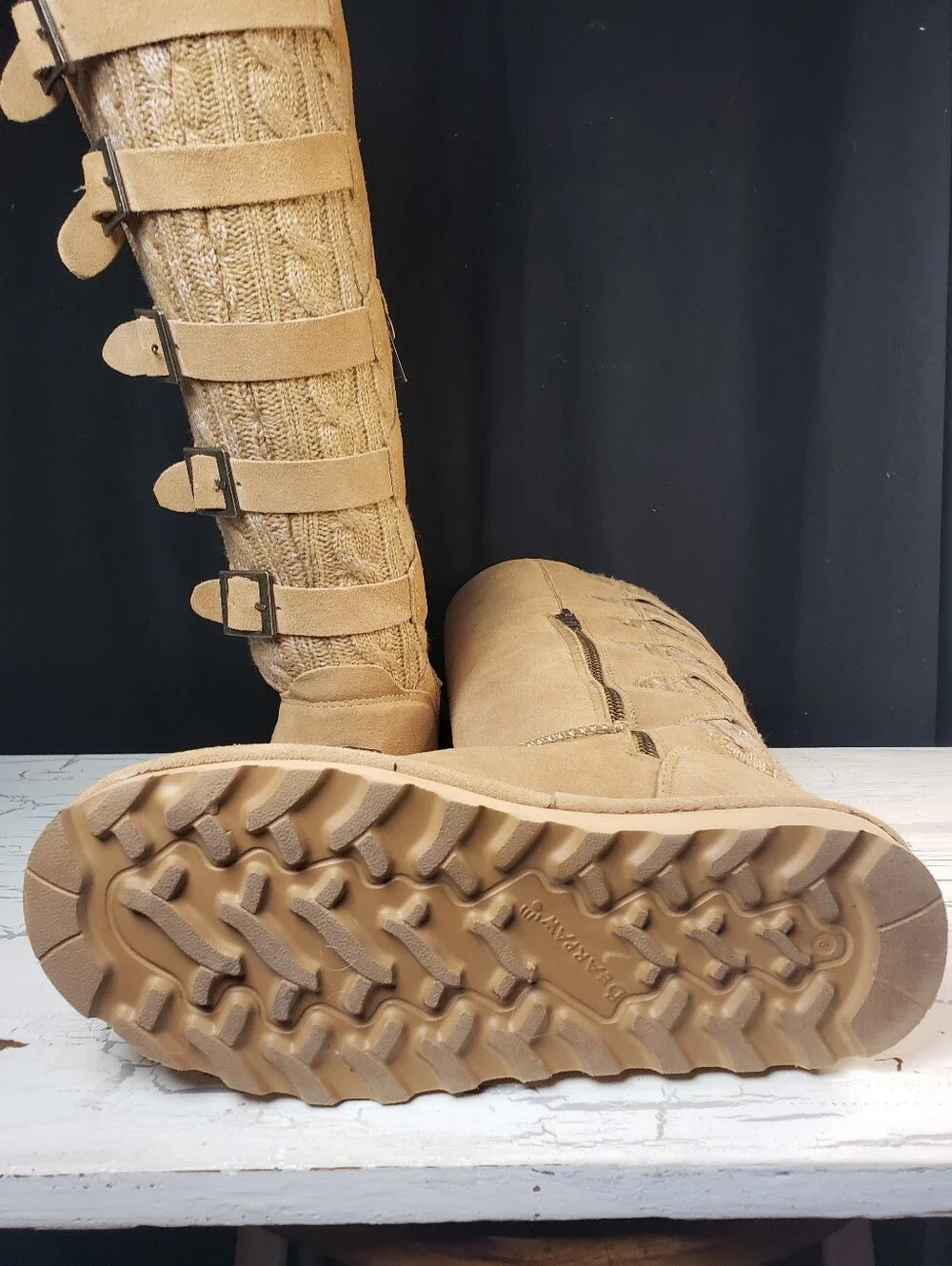 BearPaw 'Boshie' Tall Cow Suede & Knit Boots style 3017W in Tan - Women's size 9